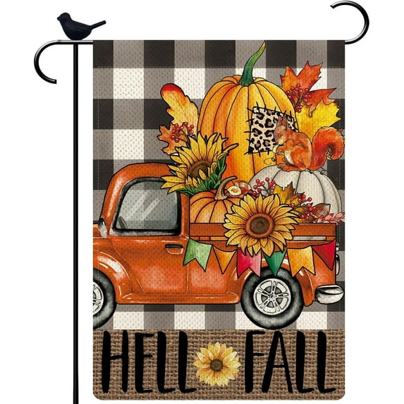 Hello Fall Truck Garden Flag Vertical Double Sided Burlap 12.5 x 18 Inch Thanksgiving Day Holiday Farmhouse Seasonal Yard Outdoor Decor