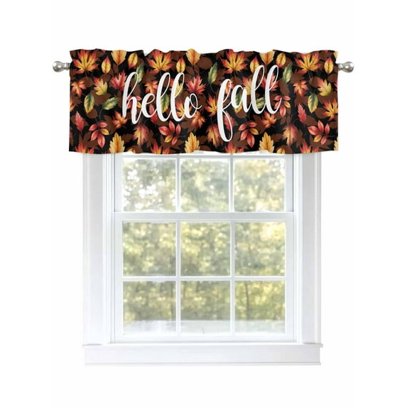 Hello Fall Valances for Windows Fall Maple Leaf Watercolor Retro Country Texture Rod Pocket Curtains Valance Short Window Treatment Drapes for Living Room, Bedroom Bathroom 42" W x 12" L