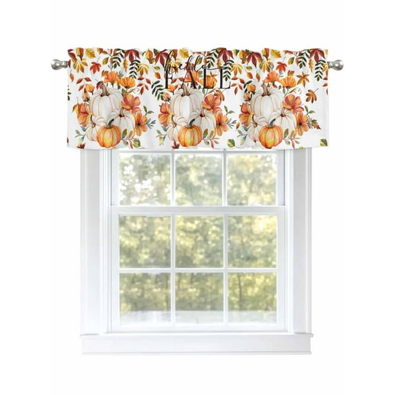 Hello Fall Valances for Windows White Orange Pumpkin Fallen Leaves Thanksgiving Rod Pocket Curtains Valance Short Window Treatment Drapes for Living Room, Bedroom Bathroom 42" W x 12" L