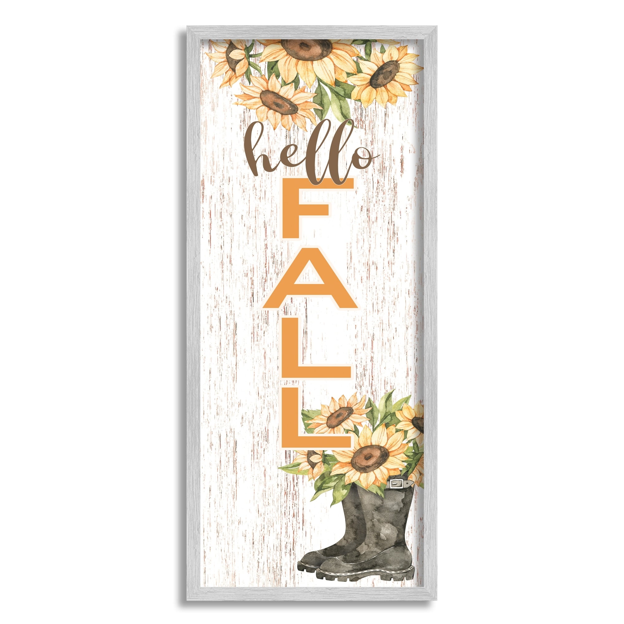 Hello Fall Vertical Typography Autumn Sunflower Blooms Botanical & Floral Graphic Art Framed Art Print Wall Art
