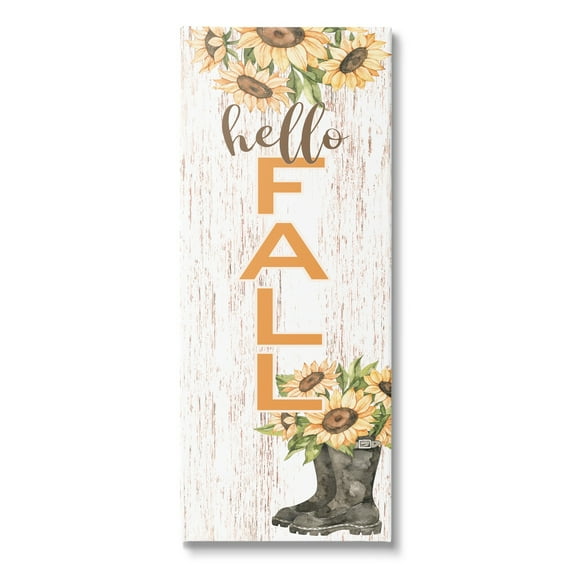 Hello Fall Vertical Typography Autumn Sunflower Blooms Botanical & Floral Graphic Art Gallery-Wrapped Canvas Print Wall Art