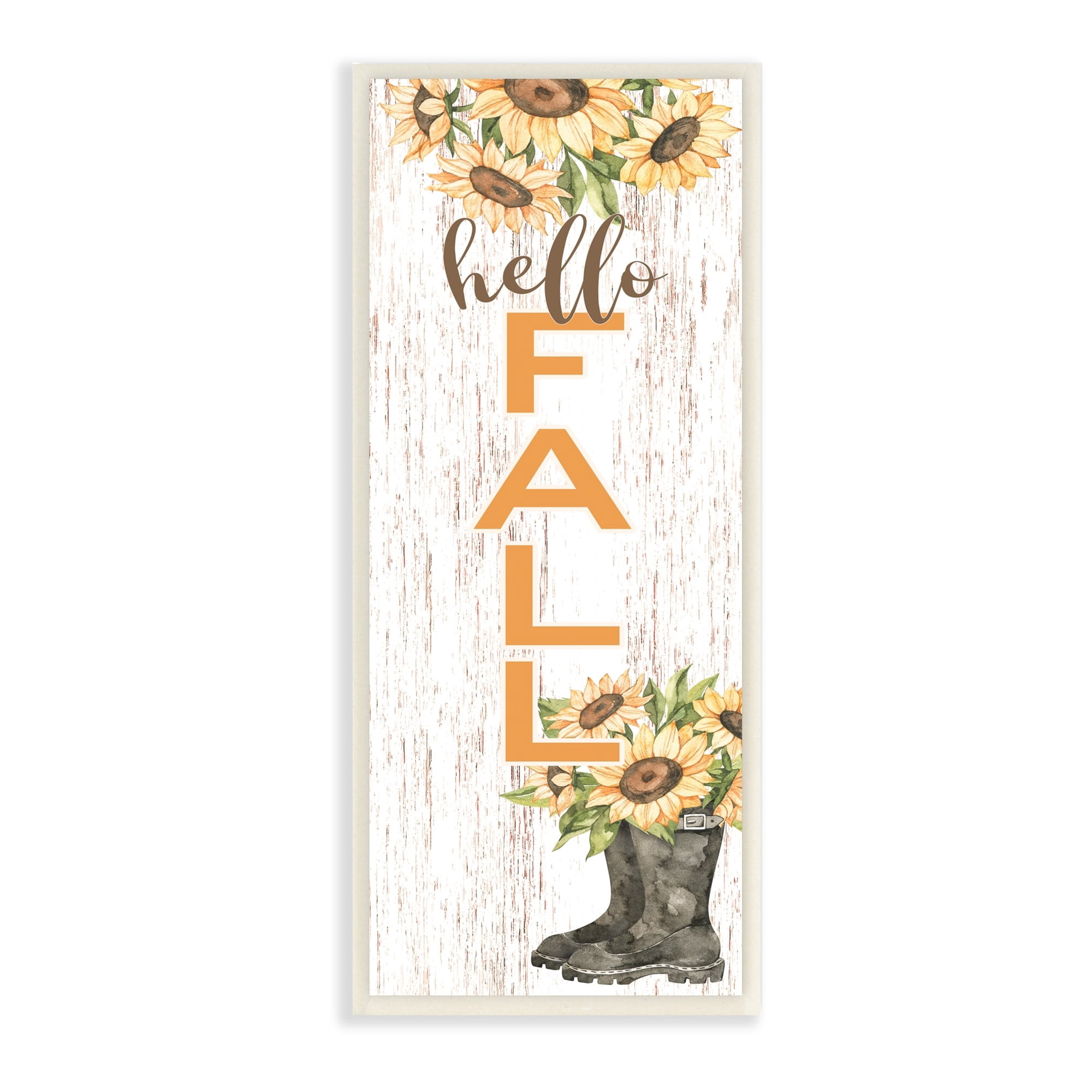 Hello Fall Vertical Typography Autumn Sunflower Blooms Botanical & Floral Graphic Art Unframed Art Print Wall Art