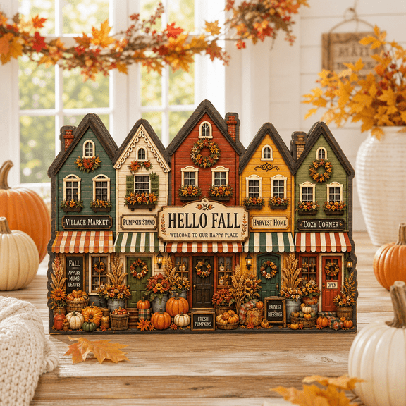 Hello Fall Village House Wooden Block for Mantel and Shelf Decor