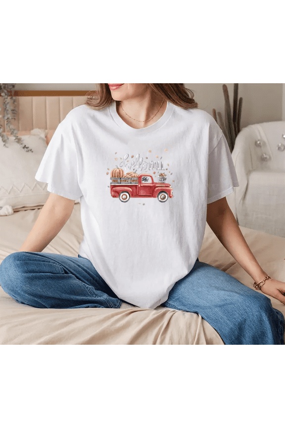 Hello Fall Vintage Pickup Pumpkin Patch Leaves Unisex T-Shirt, up to Size 5XL