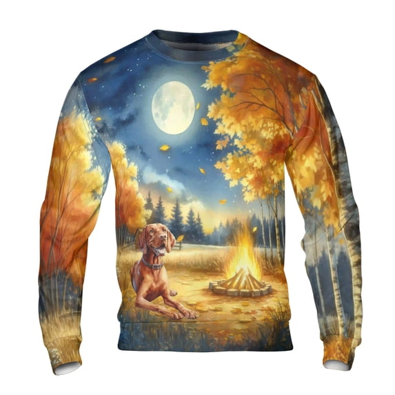 Hello Fall Vizsla Enjoys Warm Campfire Autumn Night Bright Moon All Over Print 3D Sweatshirt Unisex Merch Vizslas Dog Lover Gifts Idea - 01008