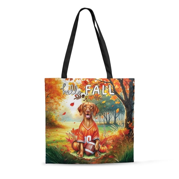 Hello Fall Vizsla Football Welcome Autumn with Leaves Pumpkins All Over Print 3D Canvas Tote Bag Vizslas Dog Lover Gifts Idea Reusable Handbag - 00012