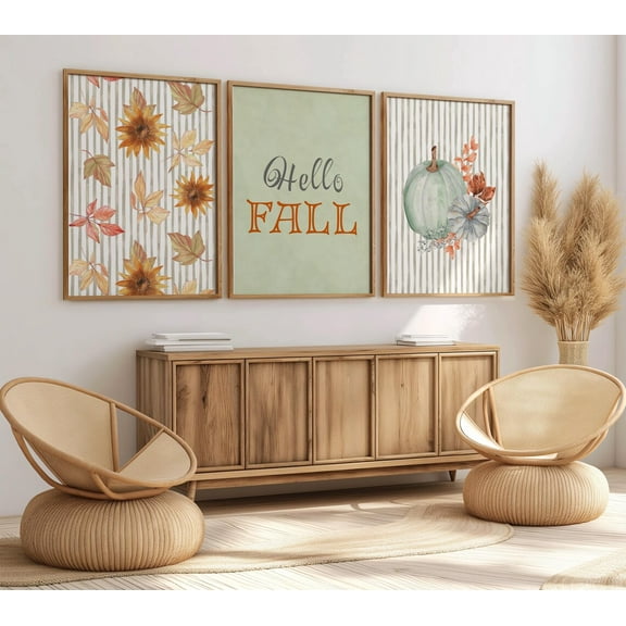 Hello Fall Wall Art Autumn Pumpkin Slower Leaf Prints Rustic Farmhouse Fall Home Decor Wall Decor, Stretched Canvas
