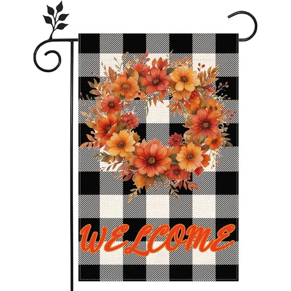 Hello Fall Welcome Garden Flag 12x18 Inch Black White Check Love Heart Maple Leaves Thanksgiving Yard Decor
