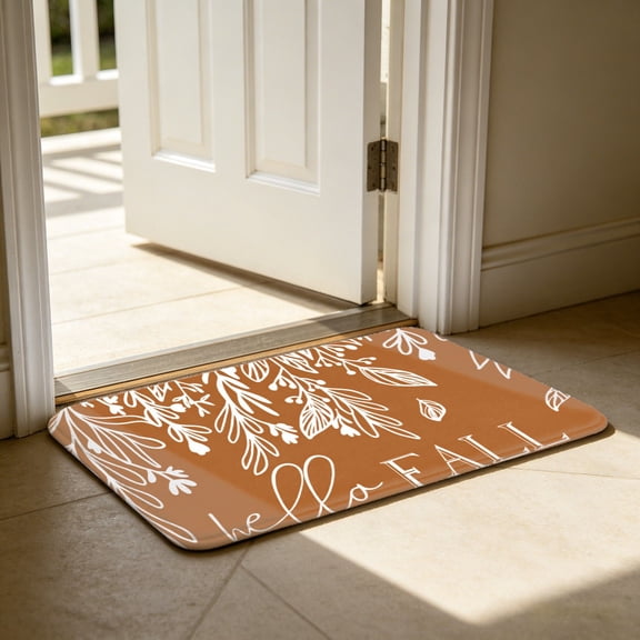 Hello Fall White Line Art Hanging Leaves Burnt Orange Background Flannel Bath Mat, Bathroom Rug, 24"x36" Oversized NonSlip Absorbent Floor Rug