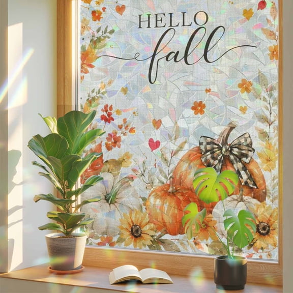 Hello Fall Window Privacy Film, Autumn Plants Maple Leaf Orange Pumpkin Retro Linen Stained Glass Holographic Film Decorative Window Clings, Static Cling Sun Blocking Stickers 17.7" x 39.3"