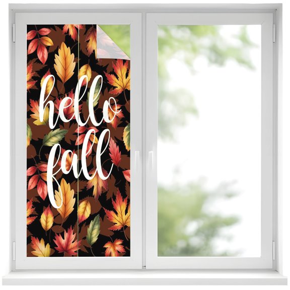 Hello Fall Window Privacy Film, Fall Maple Leaf Watercolor Retro Country Texture Frosted Glass Window Clings Static Cling UV Heat Blocking Reusable Door Sticker for Bathroom 17.7 x 39.3 Inch