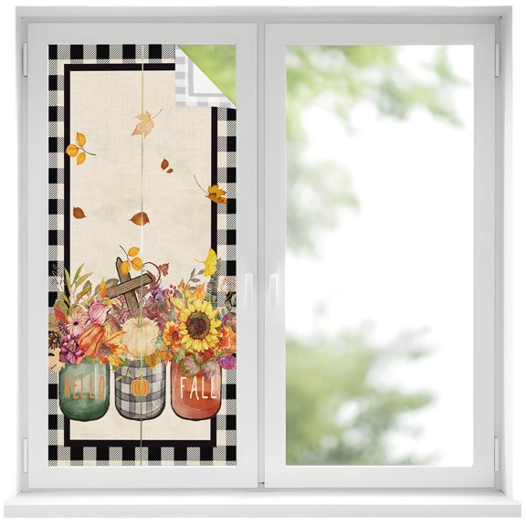 Hello Fall Window Privacy Film, Farm Sunflower Plants Black Buffalo Plaid Frosted Glass Window Clings Static Cling UV Heat Blocking Reusable Door Sticker for Bathroom 17.7 x 39.3 Inch