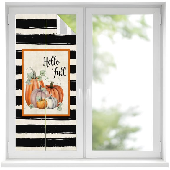 Hello Fall Window Privacy Film, Orange White Pumpkin Vintage Black White Stripes Frosted Glass Window Clings Static Cling UV Heat Blocking Reusable Door Sticker for Bathroom 17.7 x 39.3 Inch
