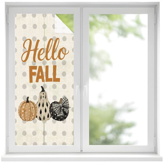 Hello Fall Window Privacy Film, Thanksgiving Brown Beige Black Dot Pumpkin Linen Texture Frosted Glass Window Clings Static Cling UV Heat Blocking Reusable Door Sticker for Bathroom 19.6 x 39.3 Inch