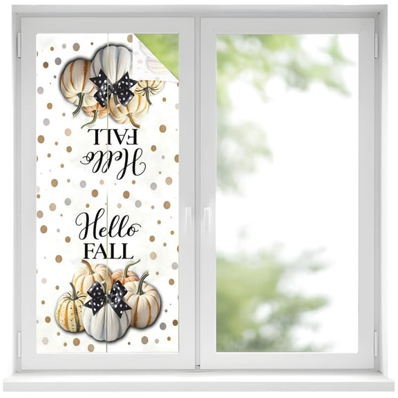 Hello Fall Window Privacy Film, Thanksgiving Day Pumpkin Polka Dot Bow Frosted Glass Window Clings Static Cling UV Heat Blocking Reusable Door Sticker for Bathroom 19.6 x 39.3 Inch
