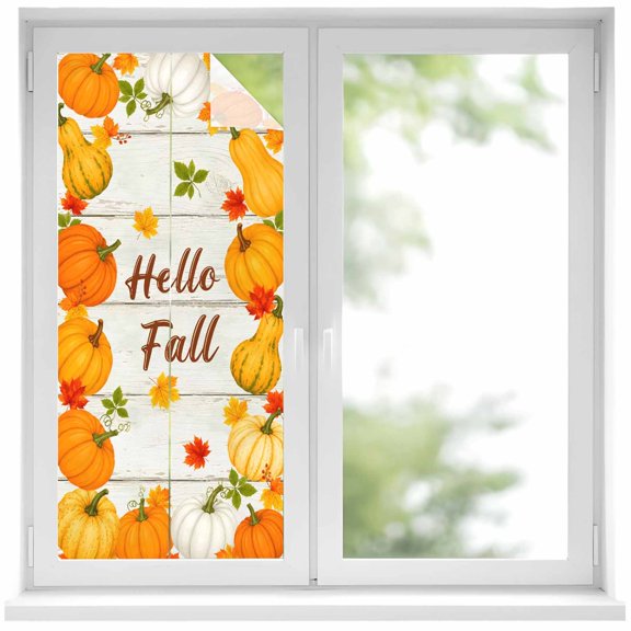 Hello Fall Window Privacy Film, Thanksgiving Orange White Yellow Pumpink Wood Grain Frosted Glass Window Clings Static Cling UV Heat Blocking Reusable Door Sticker for Bathroom 17.7 x 39.3 Inch