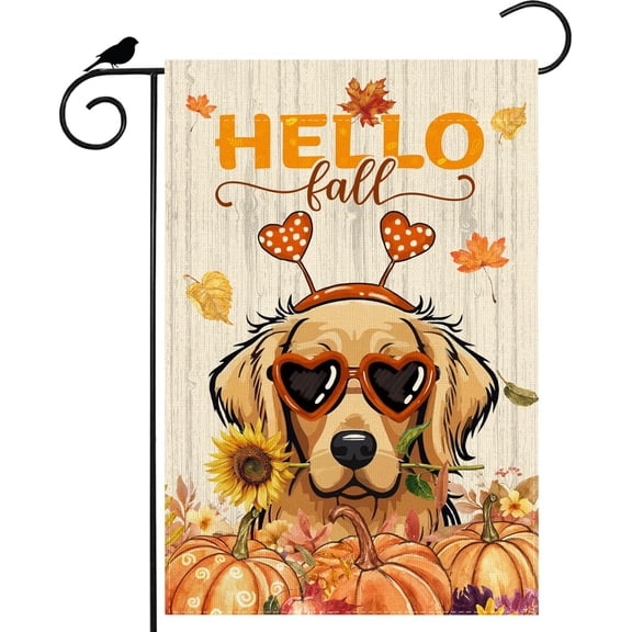 Hello Fall Wood Watercolor Dog Sunflowers Pumpkins Maple Leaves Autumn Garden Flag Yard Flag 12x18 Inch Double Sided Small Mini Yard Outdoor Outside Farmhouse Holiday Decoration
