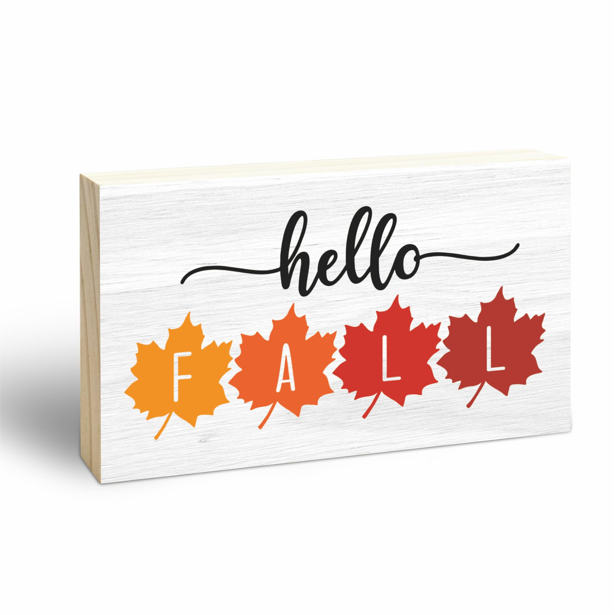 Hello Fall Wooden Block Sign - FST1 Watercolor Maple Leaf ...