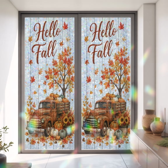 Hello Fall Words Brown Truck Window Privacy Film,Decorative Windows Static Cling Maple Leaves Sunflowers Heat Control Removable Glass Sticker for Home Bathroom Bedroom Window Door,35.4x78.7in