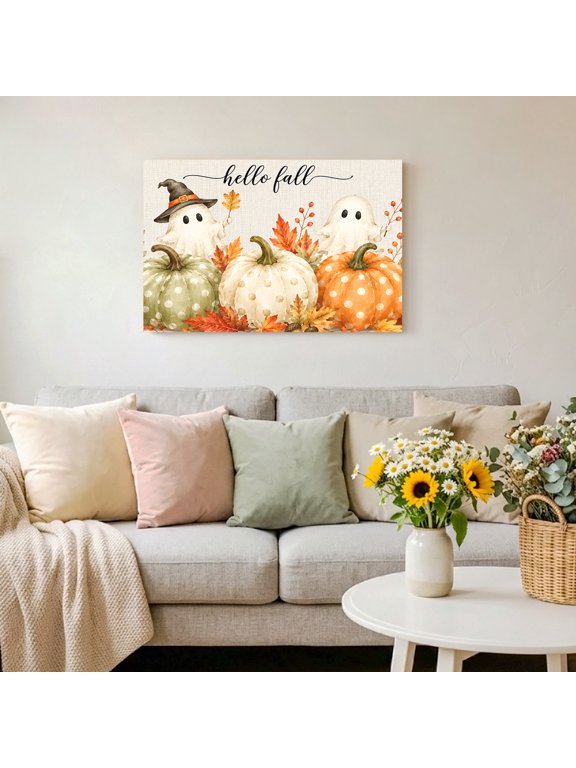 Hello Fall Words Cute Ghosts Framed Canvas Wall Art Print in USA,Canvas Pictures Painting Prints Thanksgiving Pumpkins Wall Artwork for Home Office Living Room Bedroom Decor,10"x8"