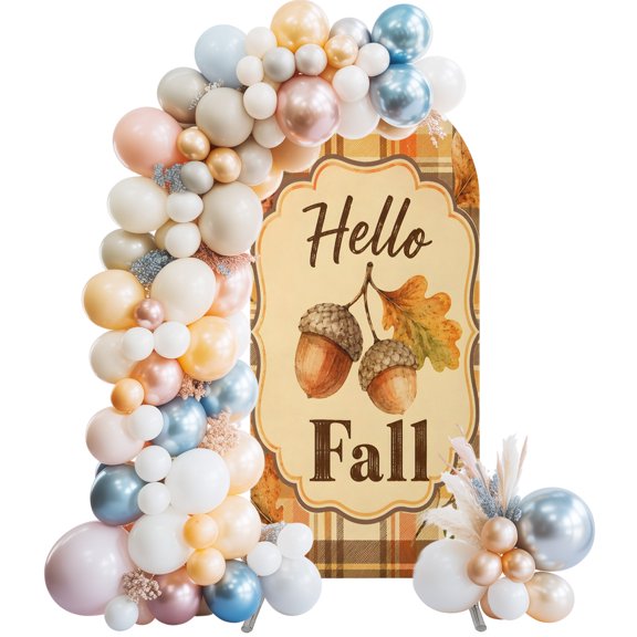 Hello Fall Words Plaid Tartan Border Arch Backdrop Cover Spandex Fitted Arch Cover 6FT,Arches Backdrop Stand Covers for Wedding Birthday Party Ceremony Banquet Decoration Autumn Maple Leaves