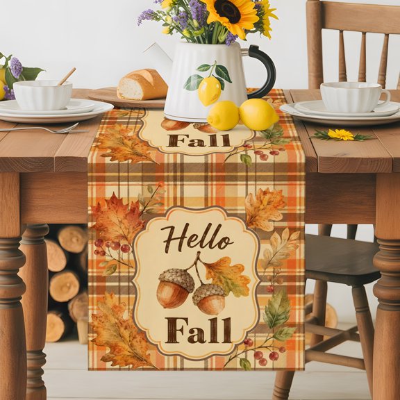 Hello Fall Words Plaid Tartan Border Table Runner 72 Inches Long, Autumn Maple Leaves Table Runners Tabletop Scarf Kitchen Dining Tables Decoration for Home Party Indoor Outdoor