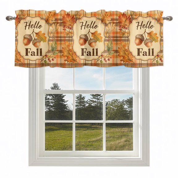 Hello Fall Words Plaid Tartan Border Valances for Windows Autumn Maple Leaves Rod Pocket Curtain Valance Window Treatment Short Curtains for Kitchen Living Room,42x12in