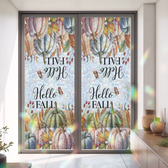 Hello Fall Words Window Privacy Film,Decorative Windows Static Cling Thanksgiving Pumpkin Butterfly Heat Control Removable Glass Sticker for Home Bathroom Bedroom Window Door,35.4x78.7in