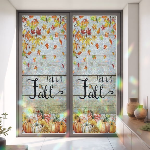 Hello Fall Words on Wood Board Window Privacy Film,Decorative Windows Static Cling Pumpkin Maple Leaf Heat Control Removable Glass Sticker for Home Bathroom Bedroom Window Door,35.4x78.7in