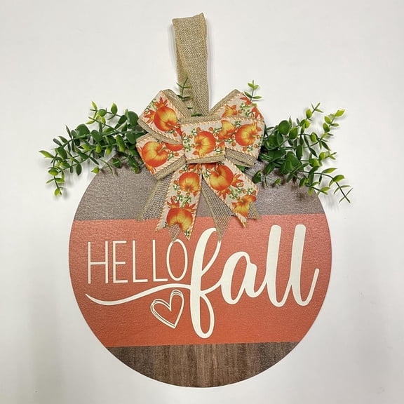 Hello Fall Wreath Door Sign, Fall Wooden Pumpkin Hanging Sign for Front Door with Bow, Fall Decorations for Home Rustic Farmhouse Outdoor Porch Wall Window Decor (Hello Fall)