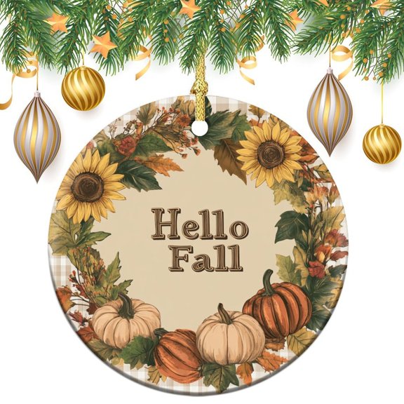 Hello Fall Wreath Ornament Hello Fall Sunflower Wreath Stocking Name Tags Collectible Present Gift Xmas Tree Decoration Holiday Present