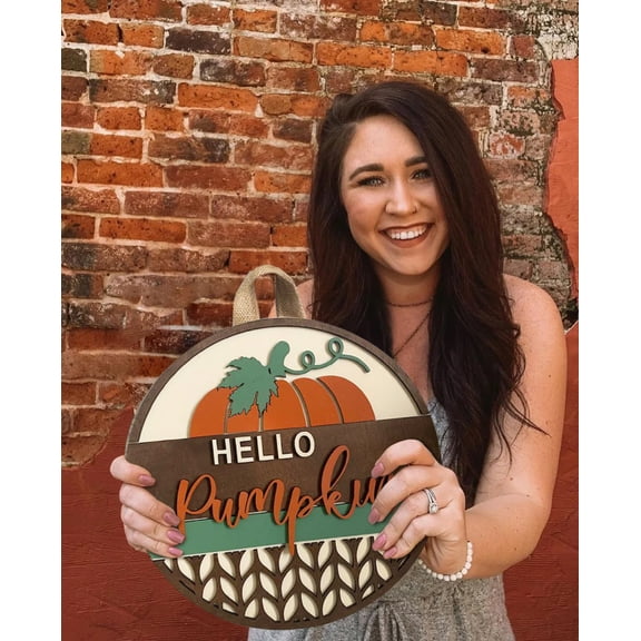 Hello Fall Wreaths Wooden Welcome Sign 12in,Round Pumpkin Door Hanger for Front Porch,Thanksgiving Farmhouse Decor,Autumn Harvest Wreath Alternative for Outdoor Home