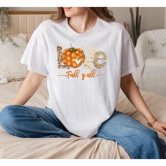 Hello Fall Y'All Leopard Peace Love Pumpkin Graphic Unisex T-Shirt, up to Size 5XL