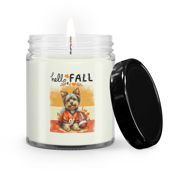 Hello Fall Yorkshire Terrier Football Welcome Autumn with Leaves Pumpkins Soy Wax Candle Yorkie Dog Lover Gifts 9oz White Birch & Black Pepper Candle - 00012