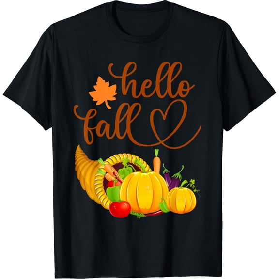 Hello Fall, fall cornucopia, Pumpkins and fall leaves T-Shirt