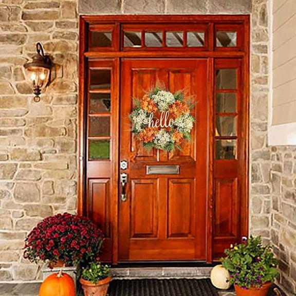 Hello Farmhouse Front Door Wreath, Artificial Orange & White Hydrangea Wreath for All Season Home Decor