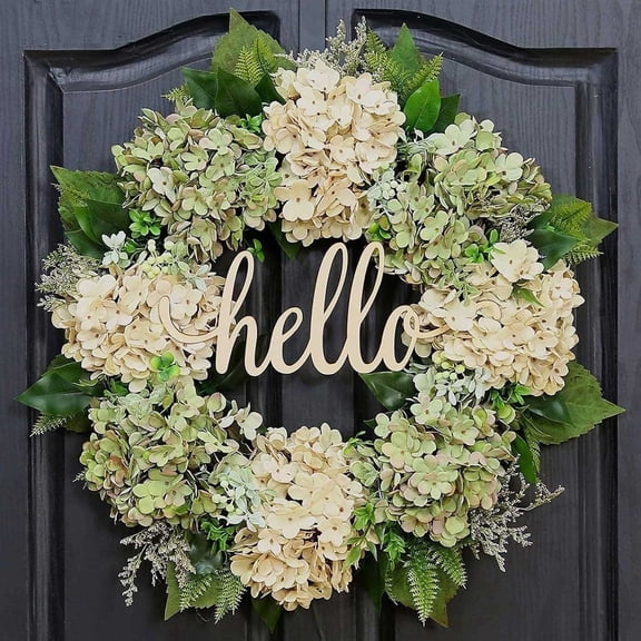 Hello Farmhouse Front Door Wreath, Neutral Hydrangea Artificial Wreath for All Season Home Decor