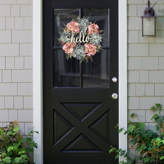 Hello Farmhouse Front Door Wreath, Pink & Blue Hydrangea Artificial Wreath for Spring Home Decor