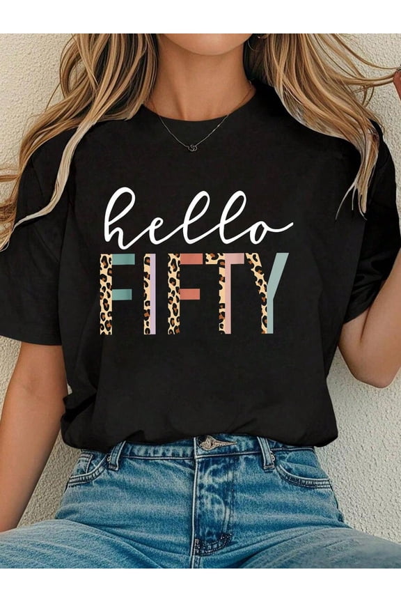 Hello Fifty 50th Birthday Shirt for Women Leopard Print Fabulous Fifty Graphic Tee Retro Short Sleeve Casual Black Top Gift for Her