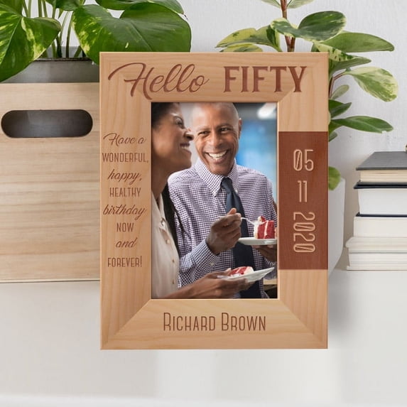 Hello Fifty Personalized Wooden Frame 4" x 6" Brown (Vertical)