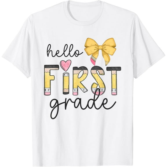 Hello First Grade Teacher Coquette Pencil Bow Back To School T-Shirt