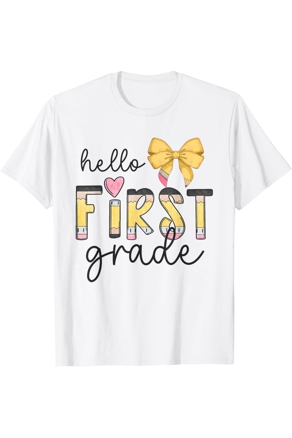 Hello First Grade Teacher Coquette Pencil Bow Back To School T-Shirt