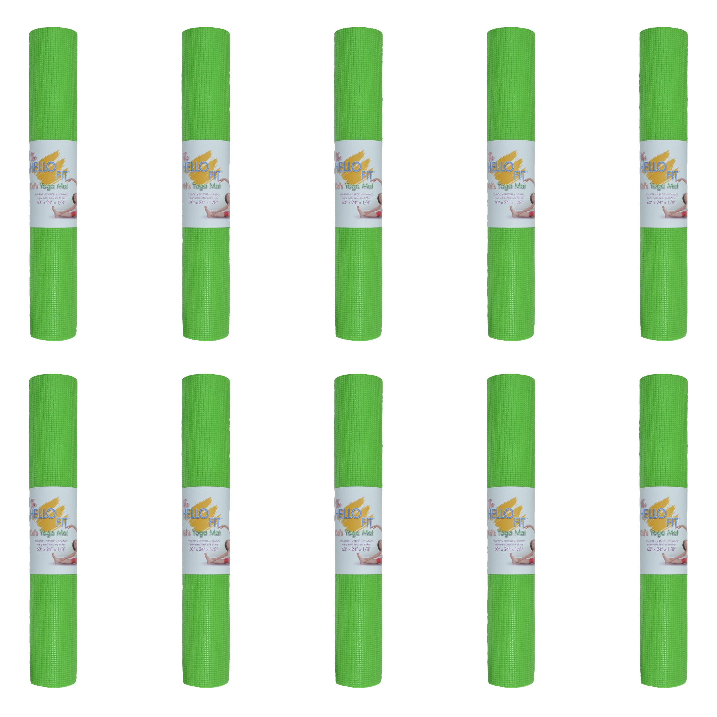 Hello Fit Kids Short Yoga Mat, Non-Toxic Bulk Exercise Mats, Non-Slip, 10 Pack, Green