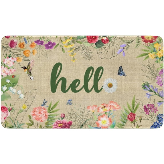 Hello Floral Decor Door Mat - Spring Summer Welcome Mats Outdoor Color Flowers Doormat Non Slip Rubber Flowers Decorative Front Door Mats Indoor Rug 17" x 30"