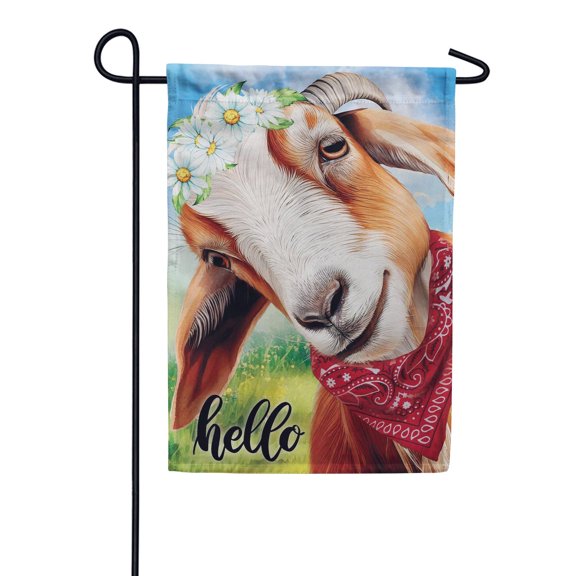 Hello Floral Goat 2-Sided Whimsical Farmhouse Barnyard Animal Botanical Outdoor Welcome Accent, 12x18 POLE NOT INCLUDED
