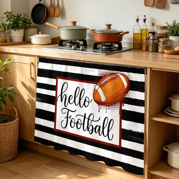 Hello Football Cabinet Curtains for Kitchen 35"W x 35"L, Watercolor Black White Strips Sport Laundry Sink Cabinets Magic Tape Short Curtain Privacy Panel for Bathroom Vanity Cabinets
