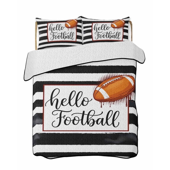 Hello Football Quilts Bedding Set Twin Size Watercolor Black White Strips Sport Lightweight Quilted Bedspread 3 Piece Bed Quilt with 2 Pillow Shams All Season for Bedroom 68" x 86"