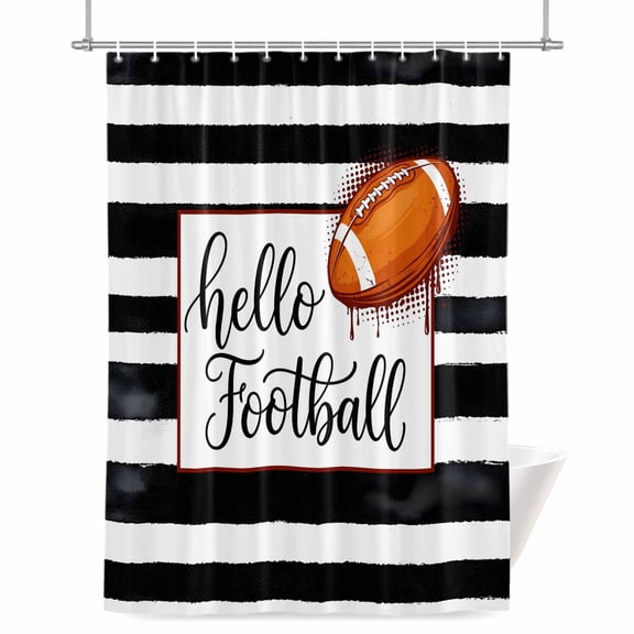Hello Football Shower Curtain, Watercolor Black White Strips Sport Waterproof Shower Curtain Set with 12 Hooks Lightweight Bath Curtains Fabric Bathroom Decor 72x72 Inches