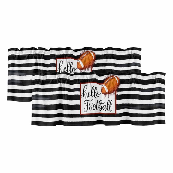 Hello Football Valances for Window 2 Pack, Watercolor Black White Strips Sport Rod Pocket Curtains Valances Light Filtering Short Curtains for Kitchen Bedroom Bathroom 60 x 18 Inch