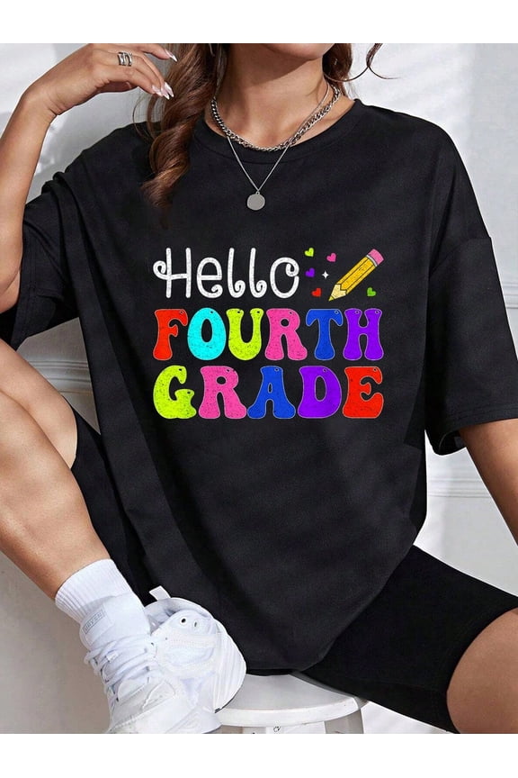 Hello Fourth Grade Back to School Teacher Student Graphic T-Shirt Colorful Pencil Design Women's Short Sleeve Top